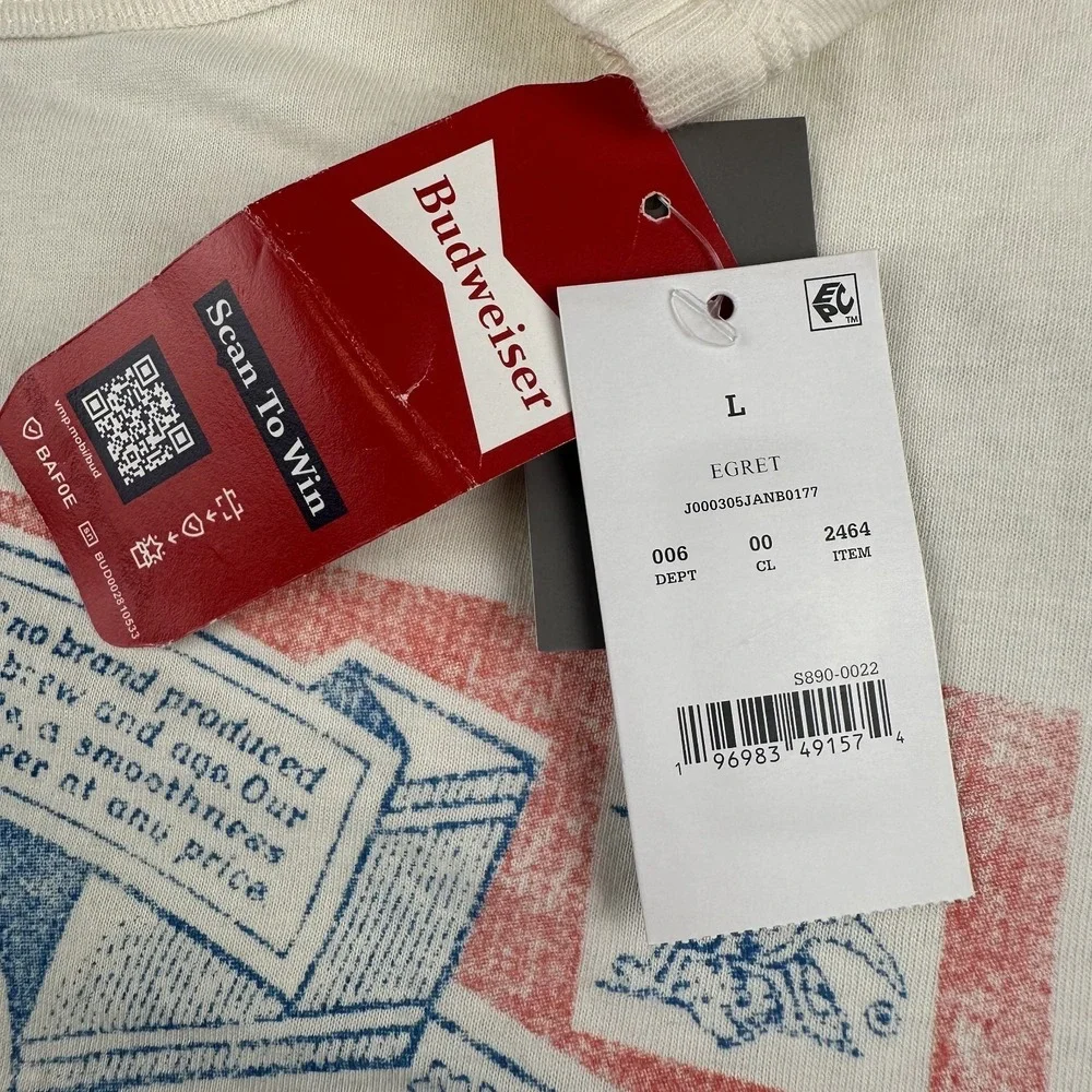 Budweiser Shirt Men's Large White Beer Label Graphic Tee Hybrid Apparel NWT